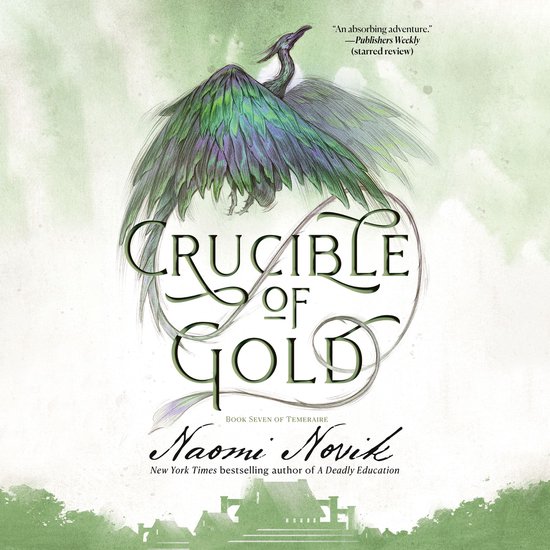 Couverture du livre 'Crucible of Gold' avec un oiseau vert, des lettres dorées et le texte "An absorbing adventure."