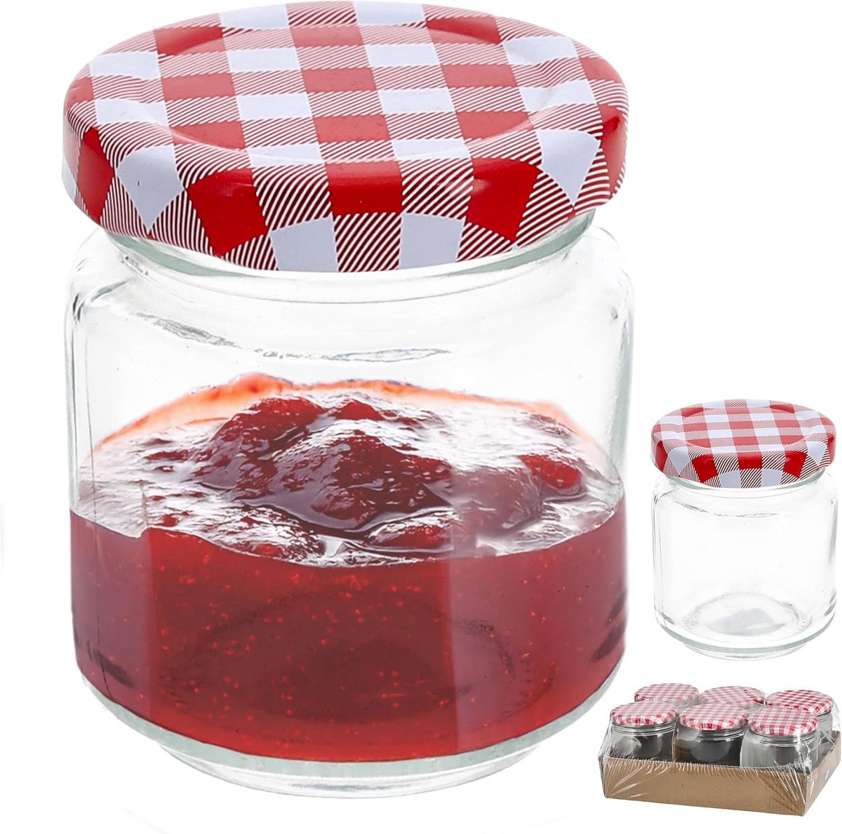 Inmaakpotten Set - Bewaar Glazen - Voedsel Bewaren - Rood-Wit Geruite Deksel - 100 ml Set 6