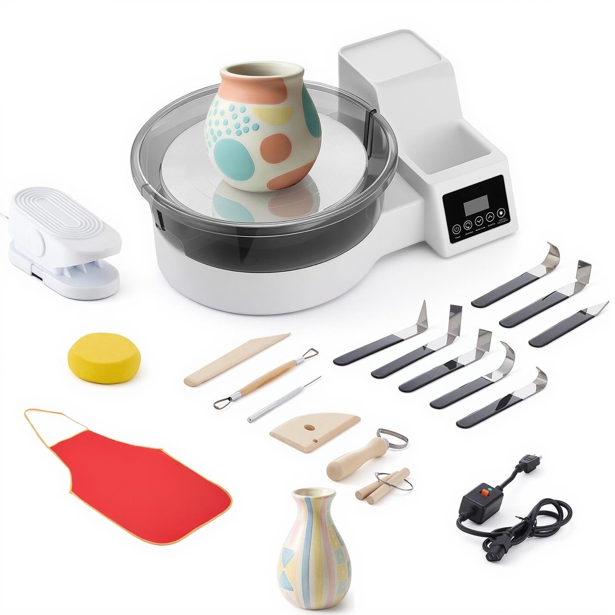 Elektrische pottenbakkersschijf - Pottenbakkersmachine - 450W Vermogen - Draaischijf 28 cm Aluminium - Voetpedaal - Instelbare snelheid 30-300 tpm - Voor beginners - Wit