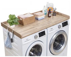 Werkblad voor wasmachine en droger - Afdekblad - Met Opstaande Rand - Afmeting 137 x 69,9 cm - Met Haken - Draagvermogen 113 kg - Eikenlook