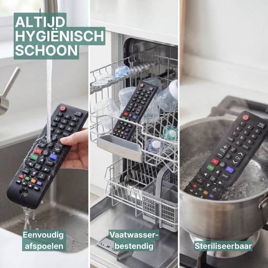 Zwarte afstandsbediening wordt afgespoeld, in vaatwasser, en gesteriliseerd in kokend water.