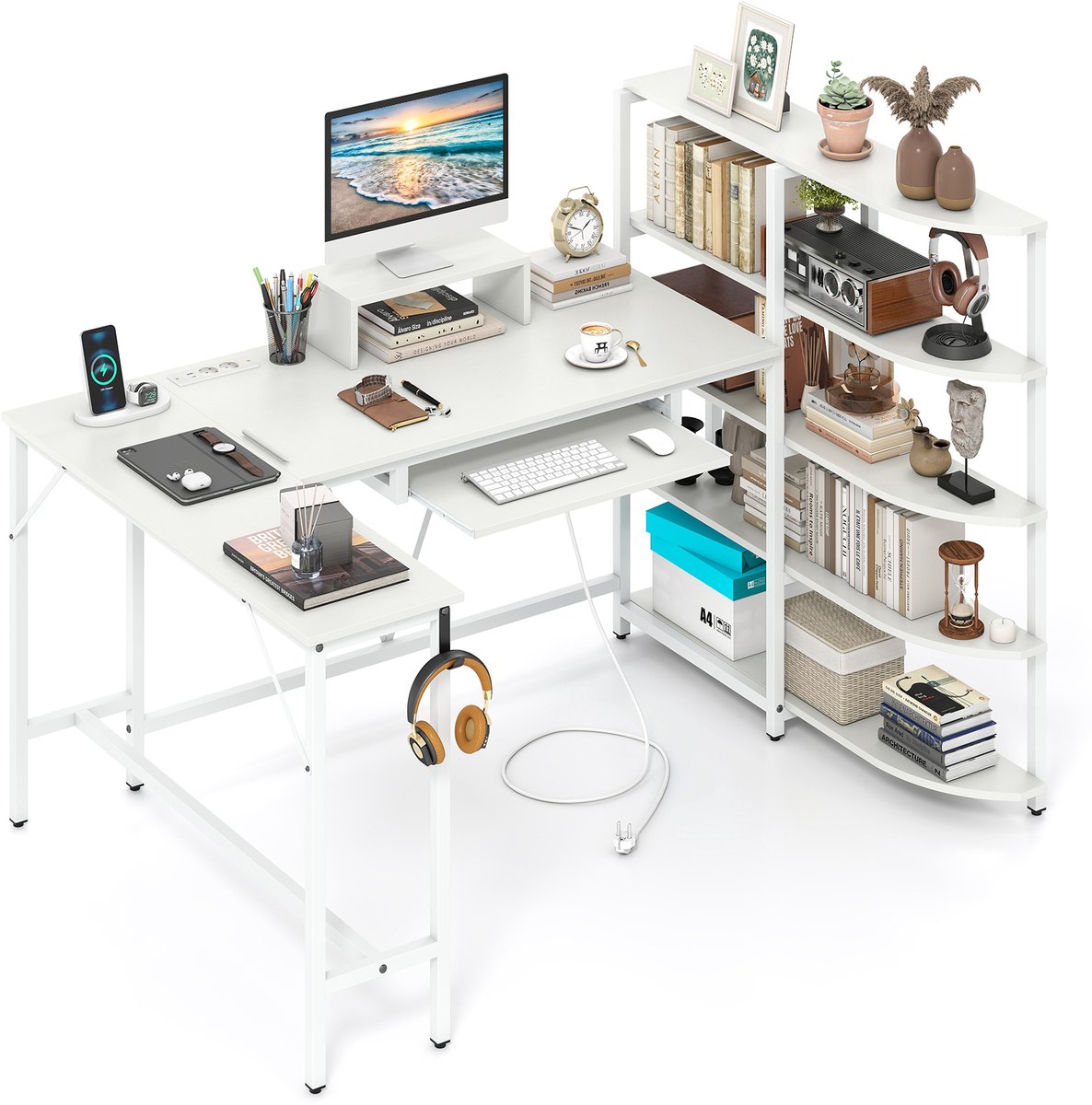 COSTWAY Bureau L-vorm met laadstation en boekenkast, hoekbureau met monitorstandaard, haak en toetsenbordplank, computertafel met metalen frame, werktafel voor thuis en kantoor (wit)