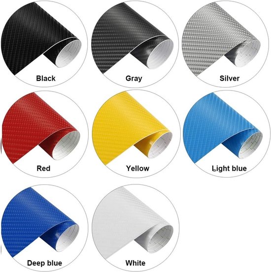 Koolstofvezel vinylfolie in zeven kleuren: zwart, grijs, zilver, rood, geel, lichtblauw en wit.