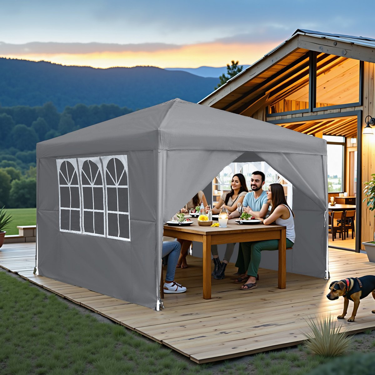 ACXIN Partytent 3x3m Inklapbaar Paviljoen Waterdicht Tuinpaviljoen met 4 Zijwanden en Ramen Stalen Frame Polyester Uv-bescherming, Grijs