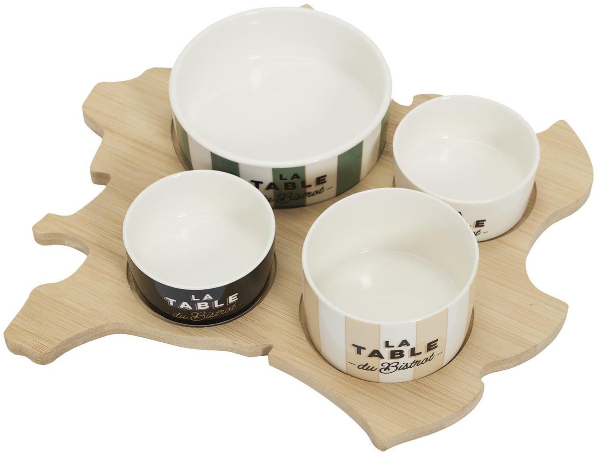 Le Bistrot Luxe Serveerset - Bamboe Borrelplank Frankrijk-vorm - Inclusief 4 Keramische Bakjes - Tapasplank - Kaasplank - Origineel Cadeau - Naturel/Wit