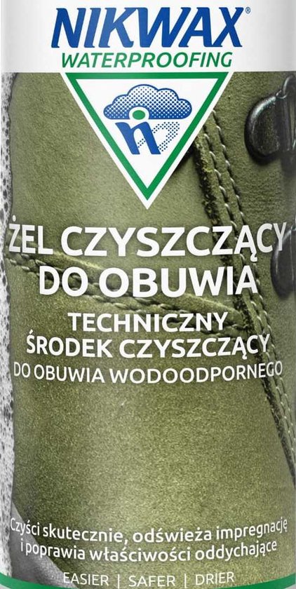 Groene Nikwax Waterproofing fles met "ŻEL CZYSZCZĄCY DO OBUWIA" erop, met afbeelding van schoenen.