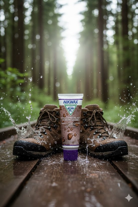 Tube Nikwax waterdichtingswax voor glad leer, tussen bruine wandelschoenen in de regen, water spat op.