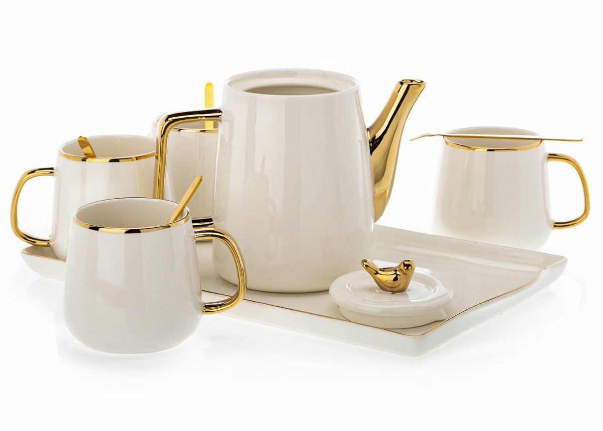 HowHomely Noah White Gold - Serwis Koffie - Keramiek - Witte en Gouden Accenten
