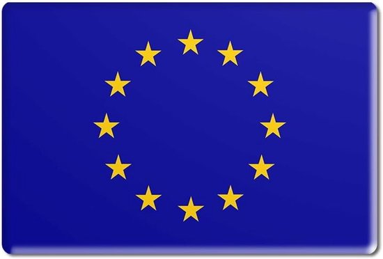 Rechthoekige 3D-sticker met de blauwe vlag van de Europese Unie en twaalf gouden sterren in een cirkel.