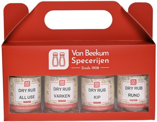 Rood cadeaupakket van Van Beekum Specerijen met vier potjes dry rub: All Use, Varken, Kip en Rund.