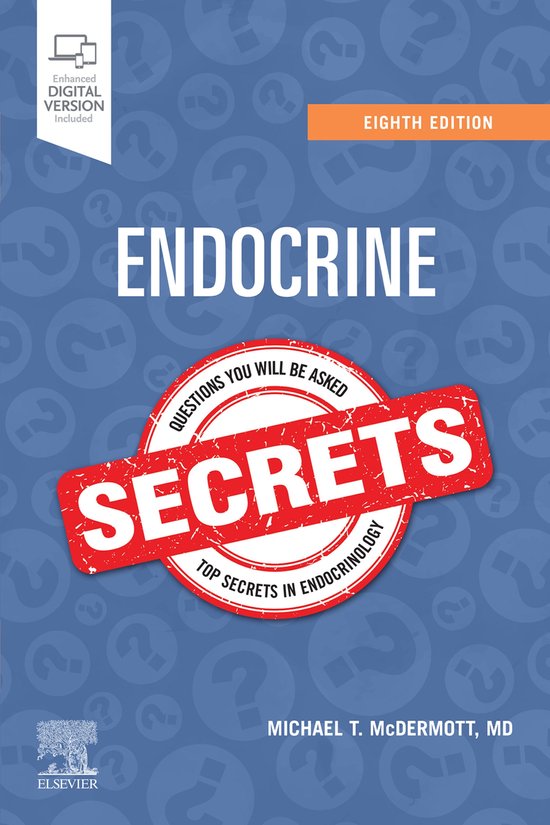 Boekomslag van "Endocrine Secrets" in de 8e editie, met de titel in grote letters, een rood gestreept lint met "Secrets" en "Questions you will be asked".