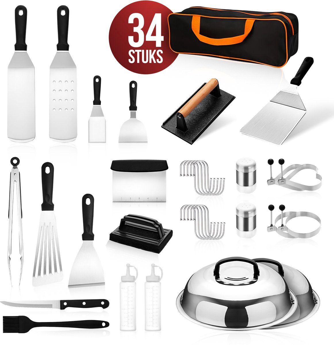 Lugia BBQ Accessoires Set 34-delig – RVS Barbecue Gereedschap Set met Tang, Spatels, Burgerpers, Sausflessen & Draagtas – Complete Grill Set voor BBQ & Grillplaat