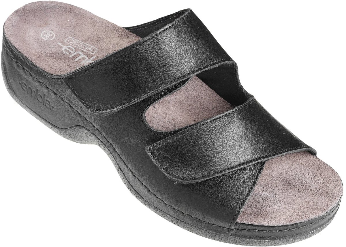 Embla Ergoflex Dames Comfortsandalen Leer Anatomisch Voetbed Uitneembaar Voetbed Klittenband Zwart