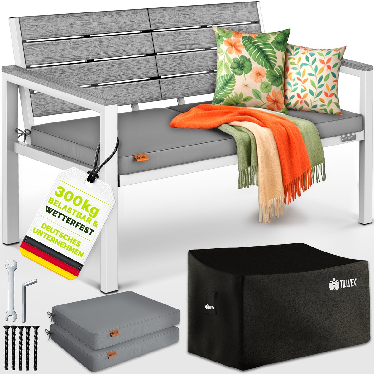 tillvex® Tuinbank Weerbestendig 3-4 Zits met Hoes & Kussens | Parkbank in Houtlook tot 300kg Belastbaar UV-bestendig | Zitbank Tuin Terras Balkon met Wasbare Hoes