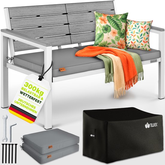 tillvex® Banc de Jardin Résistant aux Intempéries 3-4 Places avec Housse et Coussins | Banc de parc avec aspect bois supportant jusqu'à 300 kg Résistant aux UV | Banc de Jardin Terrasse Balcon avec Housse Lavable