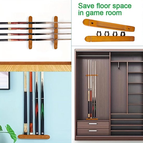 Keu Houder - Billiard Stick Rack - Poolkamer Organisatie - 4 Clips - 27cm Lengte - Houtkleur — afbeelding 4