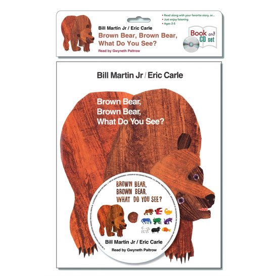 Boek en CD set met 'Brown Bear, Brown Bear, What Do You See?' van Bill Martin Jr. en Eric Carle. De cover toont een bruine beer met een verfachtige textuur.