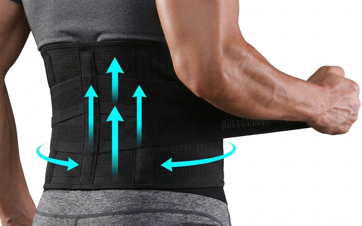 Rainbecom - Rugbrace Onderrug - Rugband met 3 Steunstrips en Dubbele Compressiebanden - Lumbar Belt Ademende Lage Rug Ondersteuning - Verstelbare Rugband - Zwart - Maat XL 80-90cm