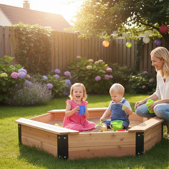 Bac à sable AXI Onno XL 150 x 150 x 23 cm en Marron/anthracite – Avec Banquettes – Avec Housse – Bois de Cèdre FSC 100% – Grand bac à sable pour enfants