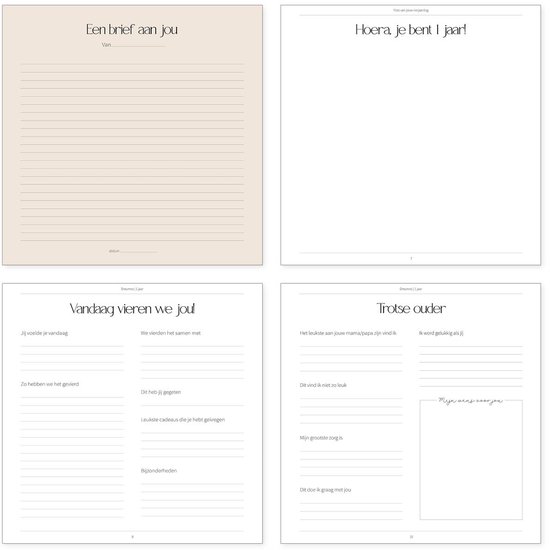 Een opengewerkte pagina uit een babyboek, met de titel 'Vandaag vieren we je!' en 'Trotse ouder'.