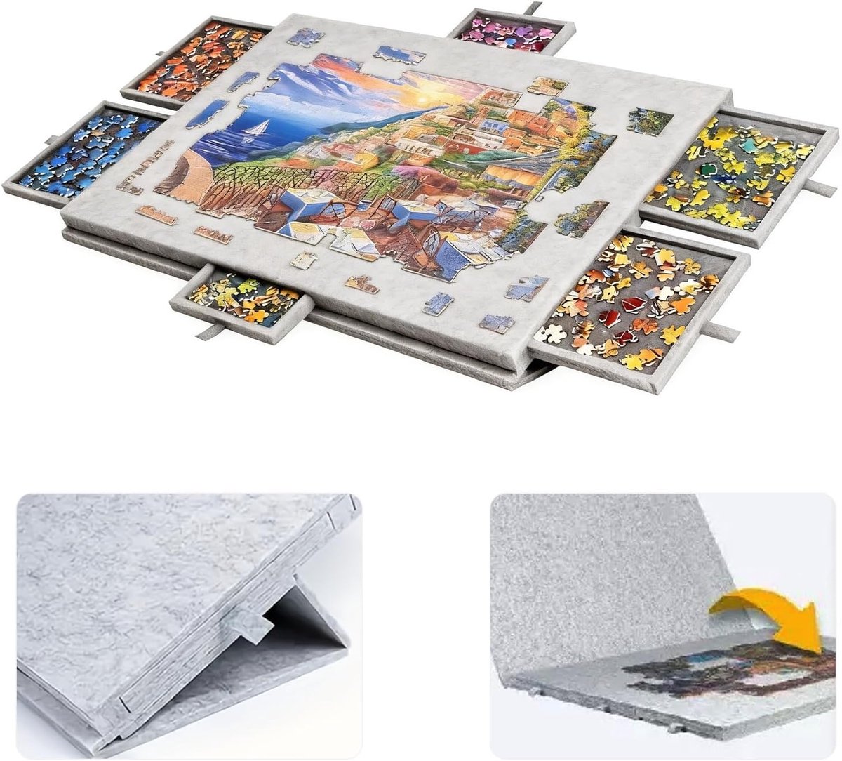 Puzzeltafel met laden - Puzzelbord plank - Puzzels maken - Draagbaar met afdekking - 52x77cm 1000 stukjes - Lichtgrijs