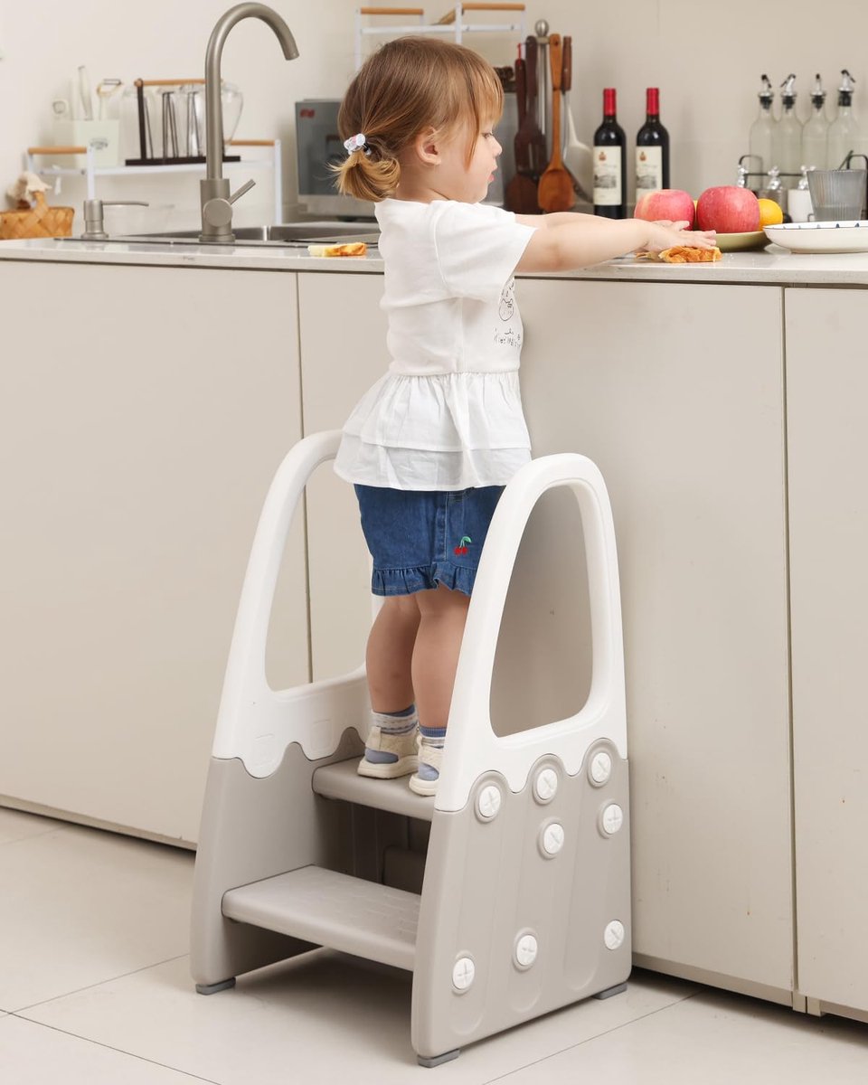Kinder Opstapje - Leertoren Kruk - Zelfstandig Leren - Met Stevige Leuningen - 41x43x67 cm - Grijs