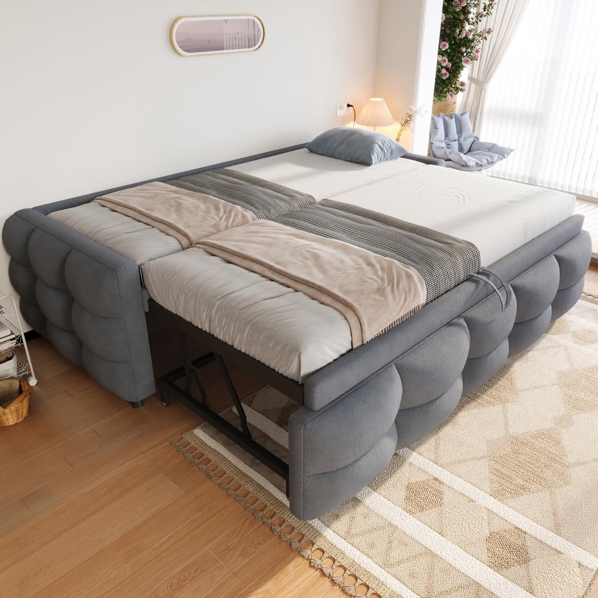 Sweiko Gestoffeerd bed - 90/180 × 190 cm - Uitschuifbare slaapbank - Teddy stof - Grijs