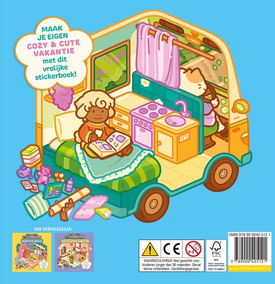 Voor- en achterkant van een stickerboek over een camper met dieren, "Cozy &amp; cute stickerrooms - Vakantie Cuties".