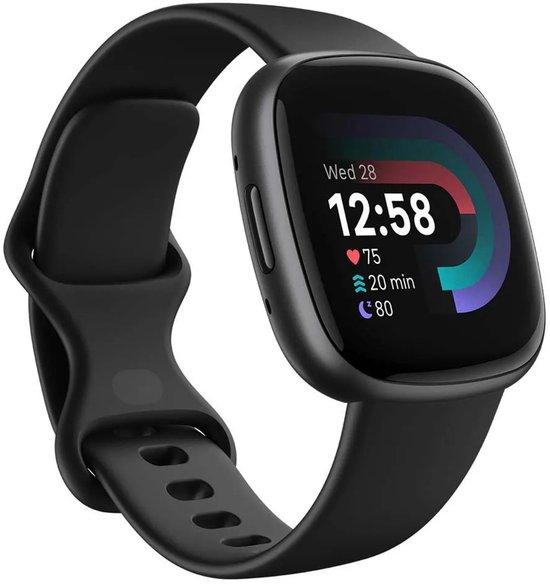 Zwarte Fitbit Versa 4 smartwatch met gekleurde cirkel op scherm.