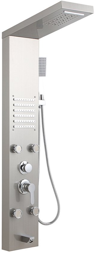 Zilveren douchepaneel met regendouche, handdouche en massagejets. Strak design.