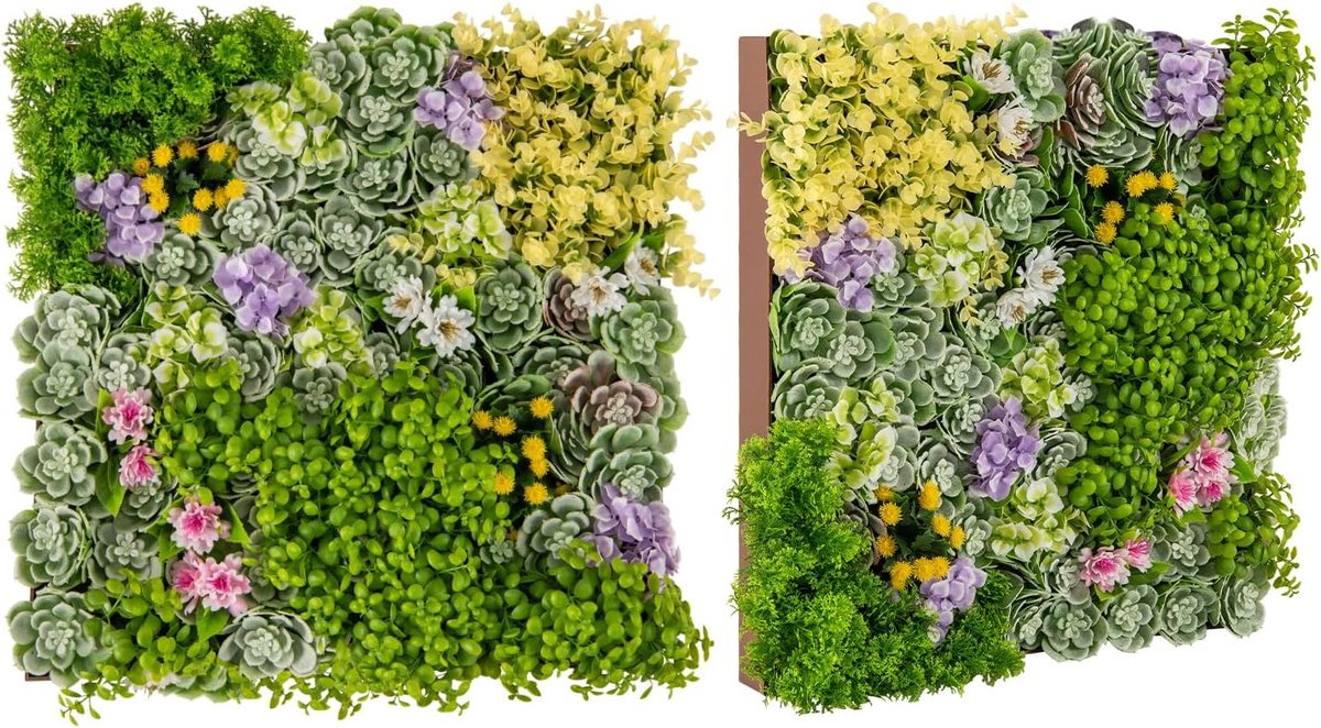 KOMFOTTEU Kunstplantenwand, 2 stuks, 50 x 50 cm, kunstplantenwand met verschillende kunstplanten, uv-bescherming, wandpanelen, kunstplanten, wandplant voor muur en tuin (met bladeren en bloemen) Bruin