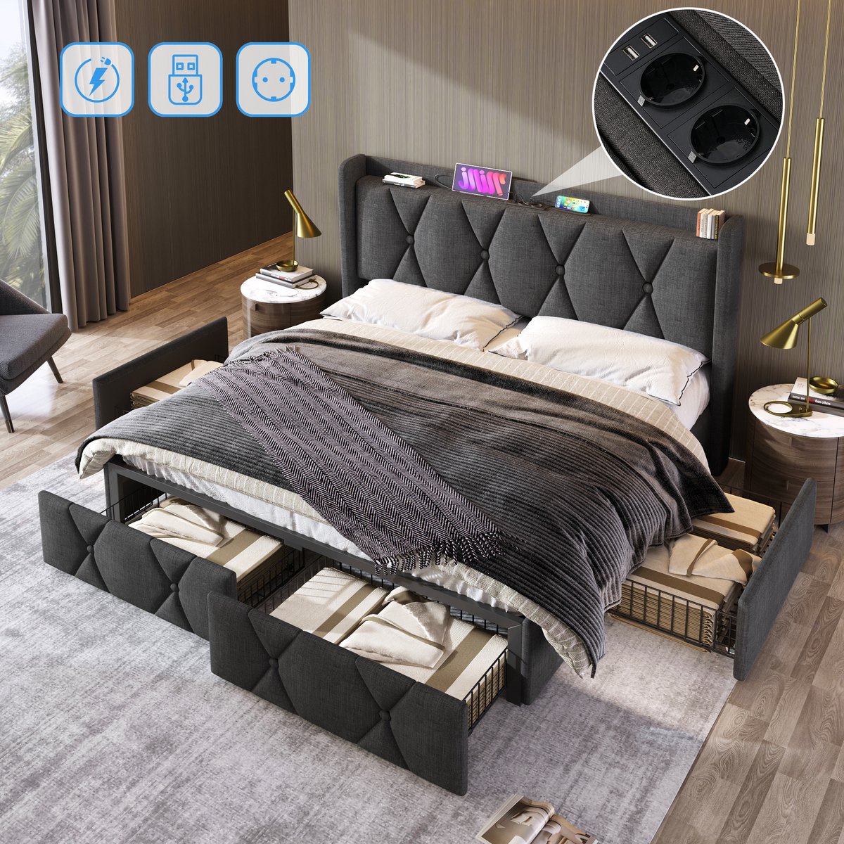 MIVRAY Gestoffeerd Bed 140x200cm - Hoofdbord Met Usb En Stopcontact - Met 4 Lades - Linnen - Grijs - Zonder Matras