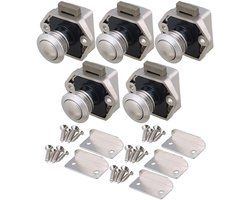 5x Push to Open knop - Camper Sluiting - Lade knop - Kast knop Caravan - Kastlade vangsloten - Sleutelloze deurvergrendelknop - Voor RV, jachten, laden, kastdeuren - Zilver - RV-kastslot - Drukknopslot - RV-kastdeurgreep - Verborgen RV-greepslot