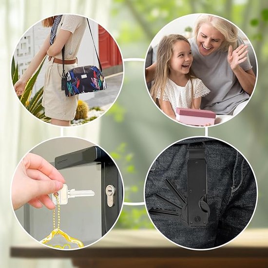 Vier cirkelvormige afbeeldingen: een vrouw met een tas, een oma en kleindochter, een sleutel in een slot, en een sleutelorganizer aan een broek.