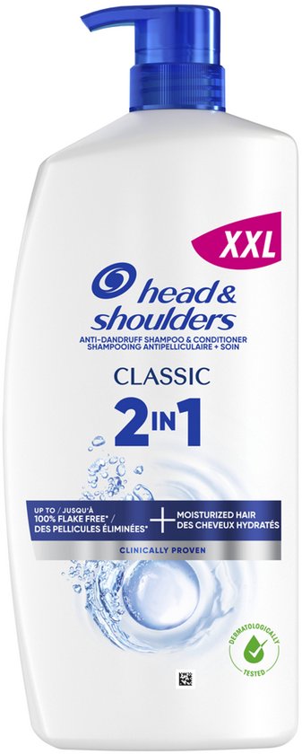 Flacon blanc avec pompe bleue et inscription rose "XXL". Shampooing Head & Shoulders Classic 2-en-1 antipelliculaire.