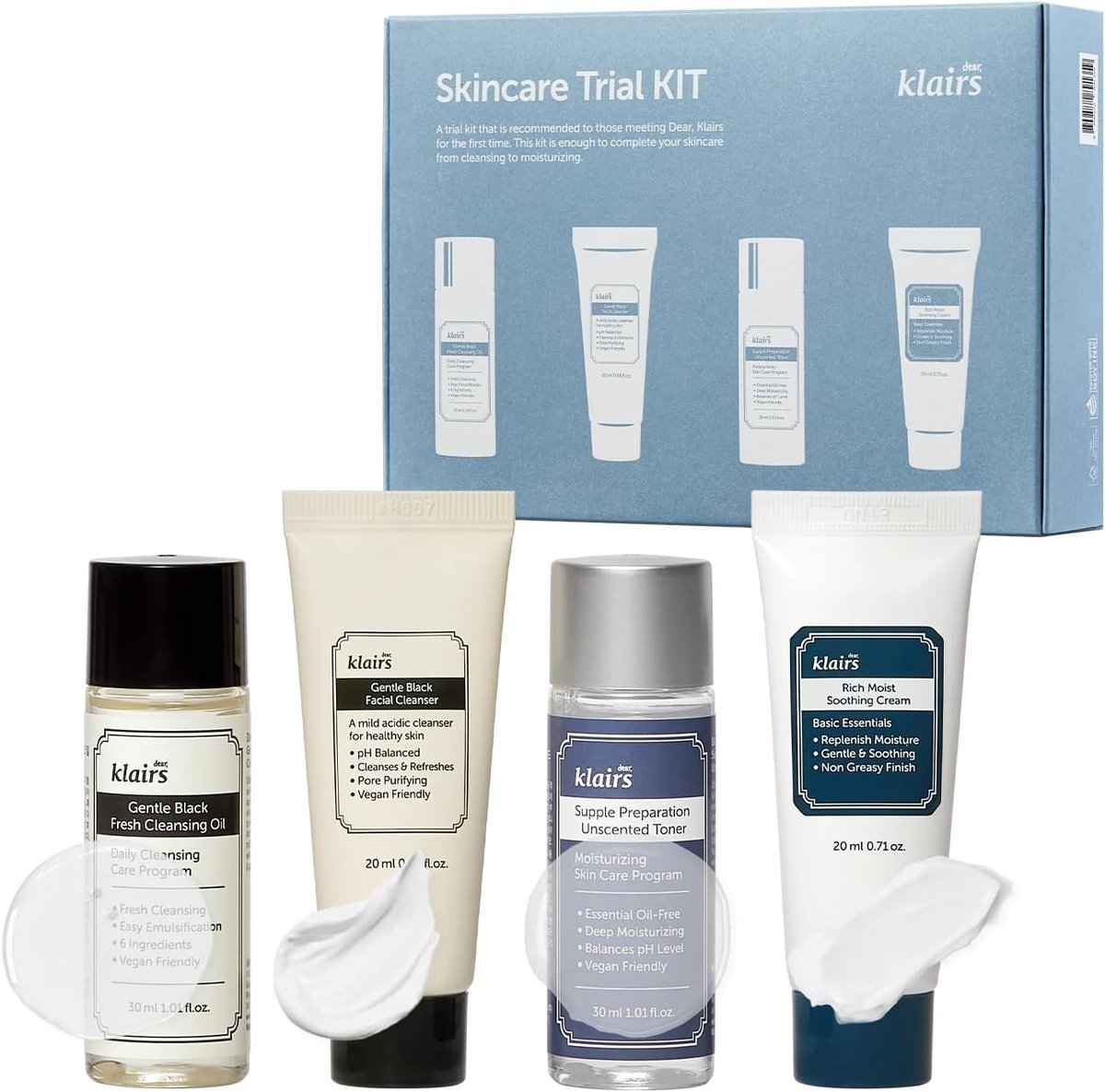 Klairs - Skincare Trial Kit - Black Fresh - Cleansing Oil - Facial Cleanser - Toner - Soothing Cream - 4 Delig