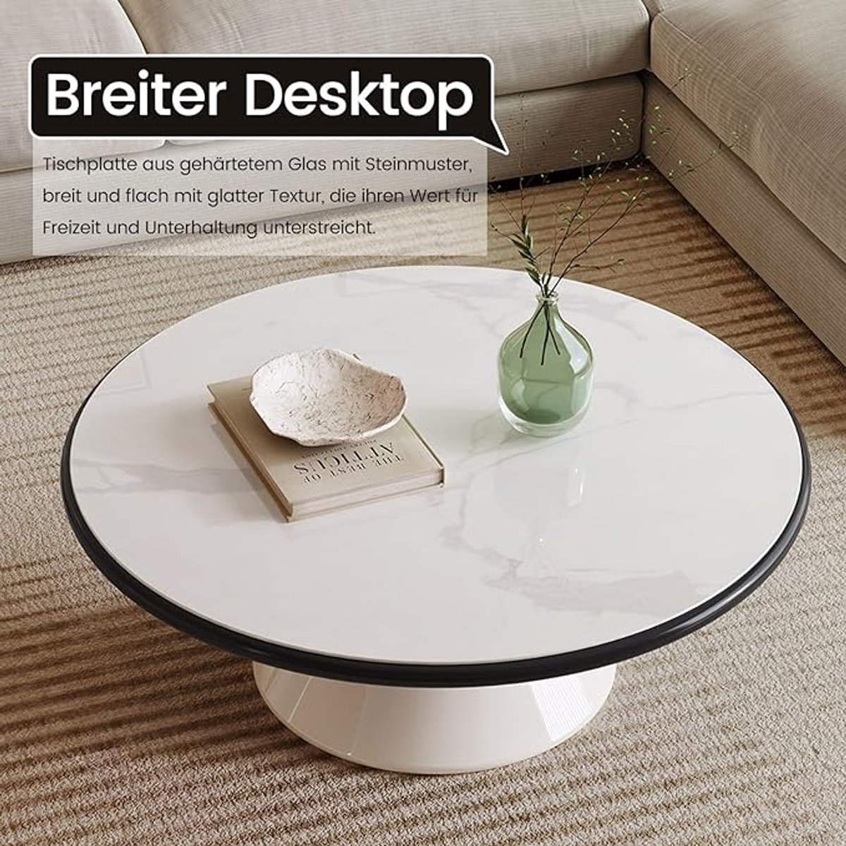 Ronde Salontafel 71x71x35 cm – Moderne Woonkamertafel met Gehard Glazen Tafelblad – Luxe Design Bijzettafel voor Bank & Sofa – Crème-Wit – Pauwhome