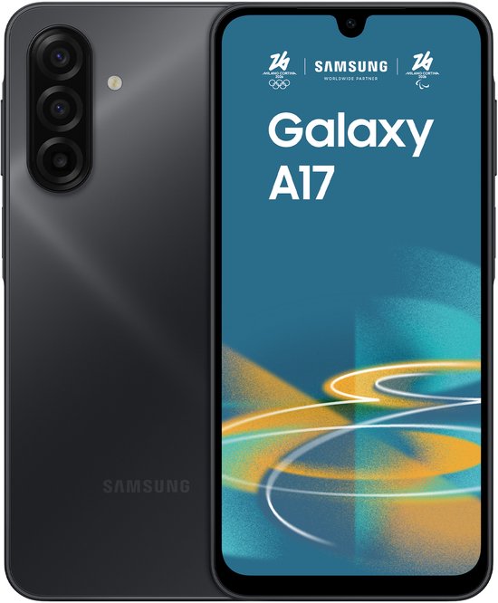 Zwarte Samsung Galaxy A17 smartphone, officiële partner Milaan Cortina 2024, met drie camera's.