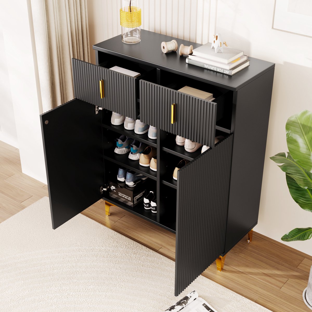 MIVRAY Dressoir - Structuurpanelen Met 2 Lades En 2 Deuren - Push To Open En Gedempte Scharnieren - Spaanplaat Zwart - 83x35x101 Cm