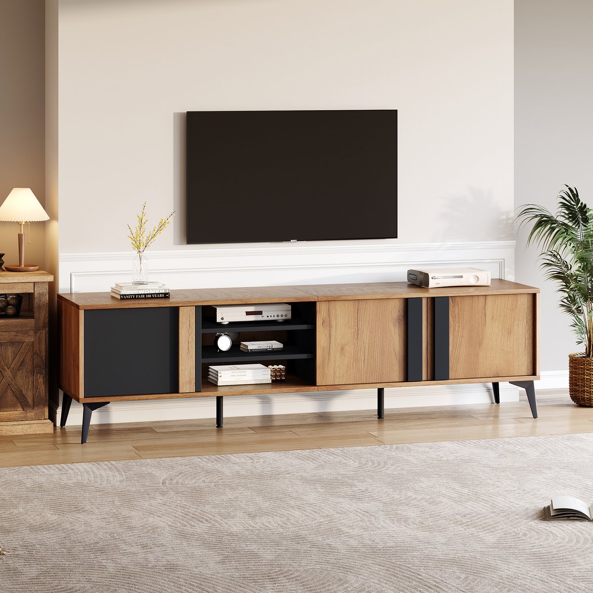 MIVRAY Tv Meubel - Met Deuren En Open Vakken - Kabeldoorvoer En Verstelbare Poten - Spaanplaat En Metaal - 180x40x50 Cm Bruin