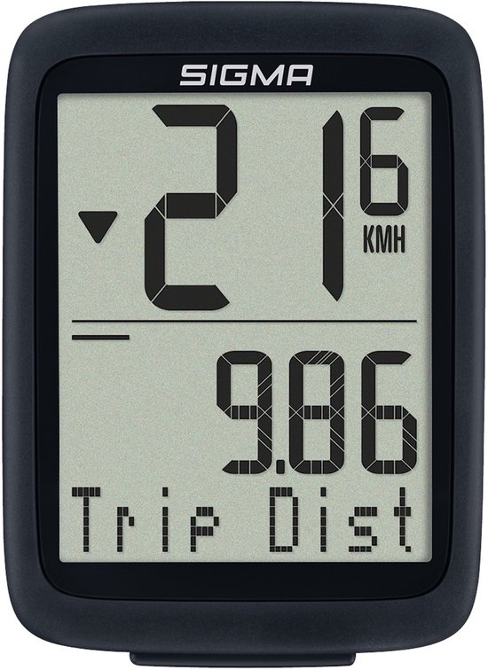 Zwarte Sigma fietscomputer met een scherm dat '21.6 KMH' en '9.86 Trip Dist' toont.