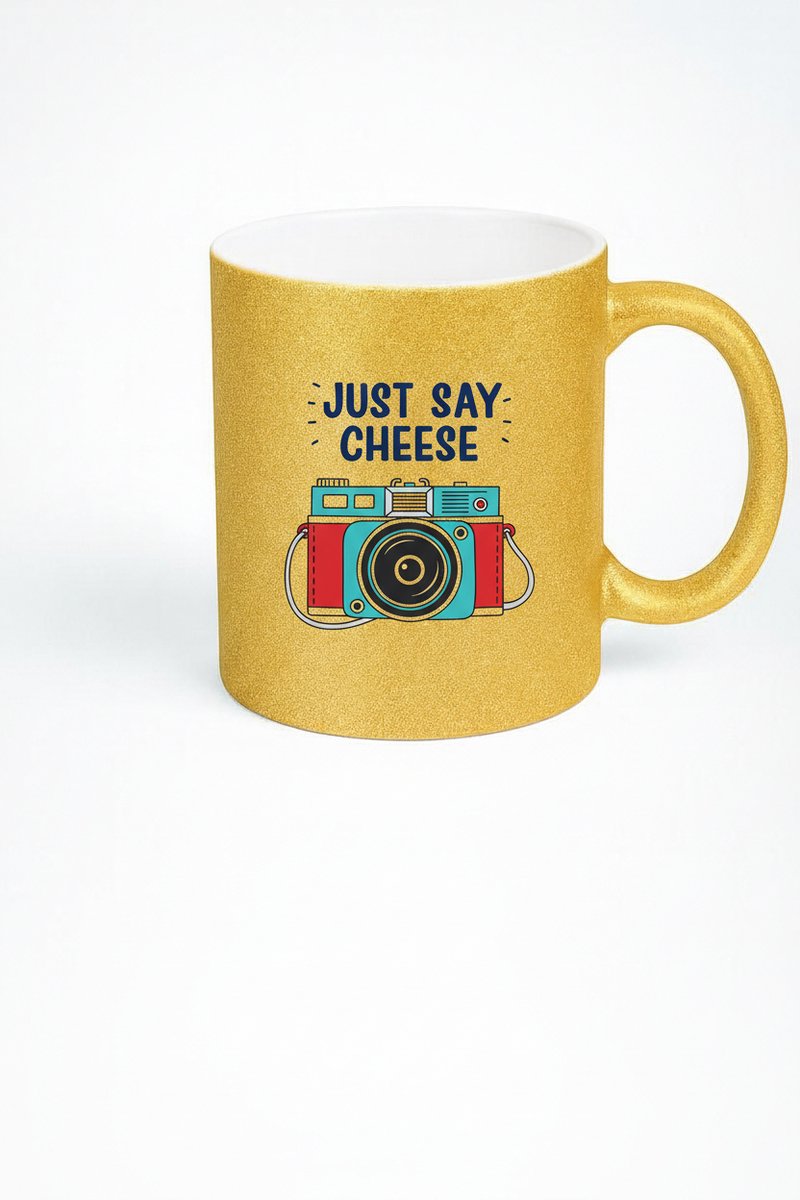 Gouden Glitter Mok "Just Say Cheese" - Retro Camera Design - Koffiemok & Cadeau Idee
