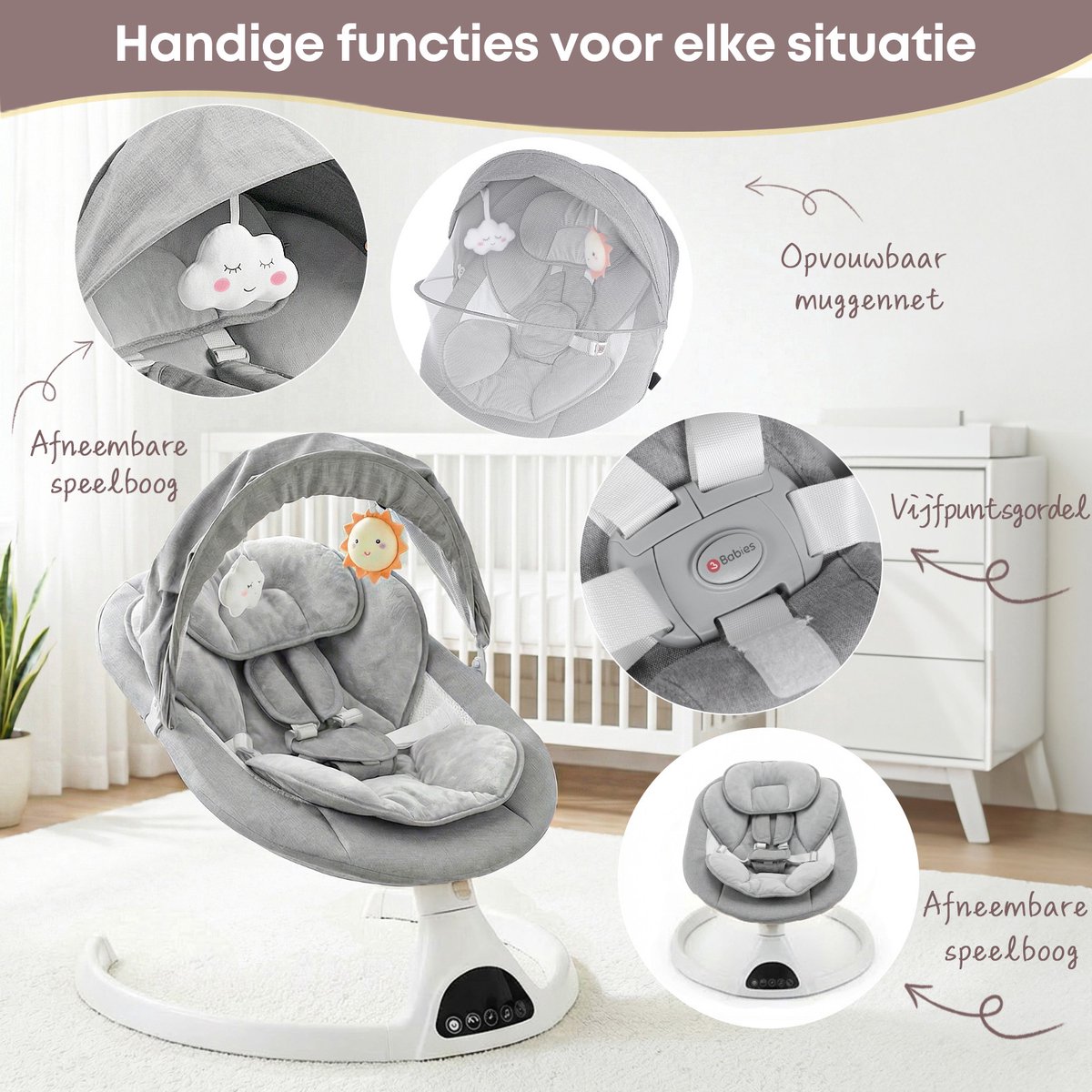3Babies Elektrische Babyschommel – Grijs en Wit thumbnail 2