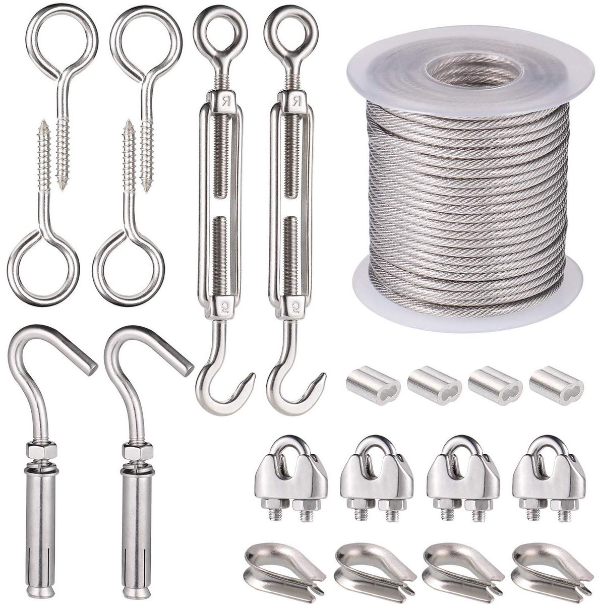 Staalkabel set - 21 stuks, 15 meter PVC-gecoat - 2mm, inclusief spanner, oogschroeven en haken - voor zonnezeil en relingen