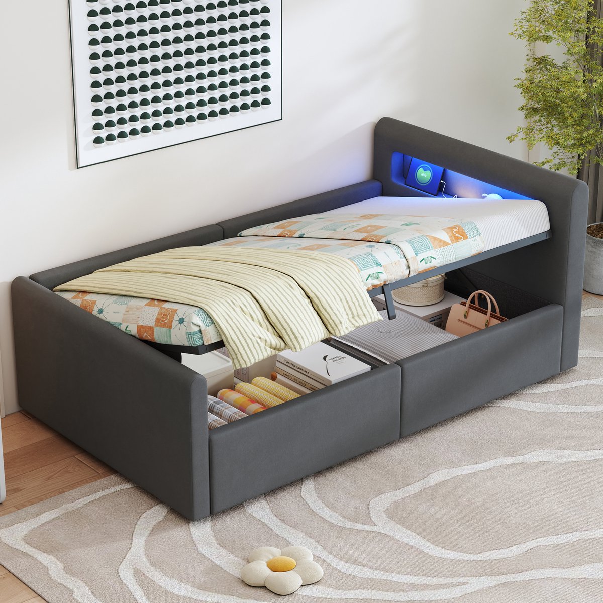 MIVRAY Gestoffeerd Kinderbed 90x200 Cm - Met Ledverlichting En Usb Aansluiting - Met Hydraulische Opbergruimte - Fluweel - Grijs - Zonder Matras Lichtgrijs