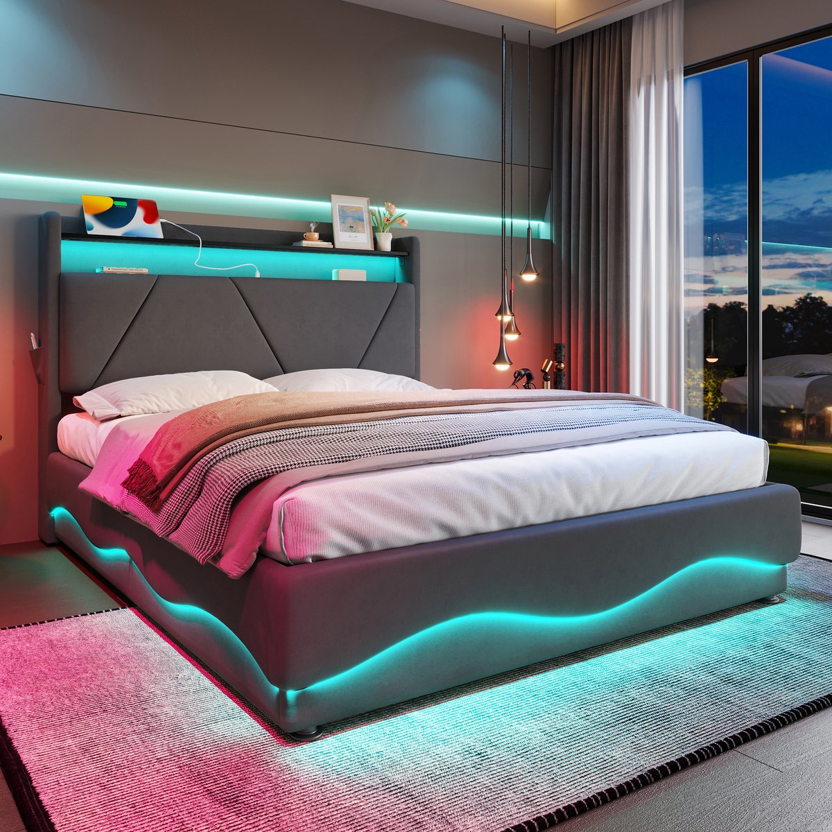 MIVRAY Gestoffeerd Bed 140x200cm - Ledverlichting Met Opbergruimte En Oplaadpoorten - Slaapkamer - Fluweel - Donkergrijs - Zonder Matras