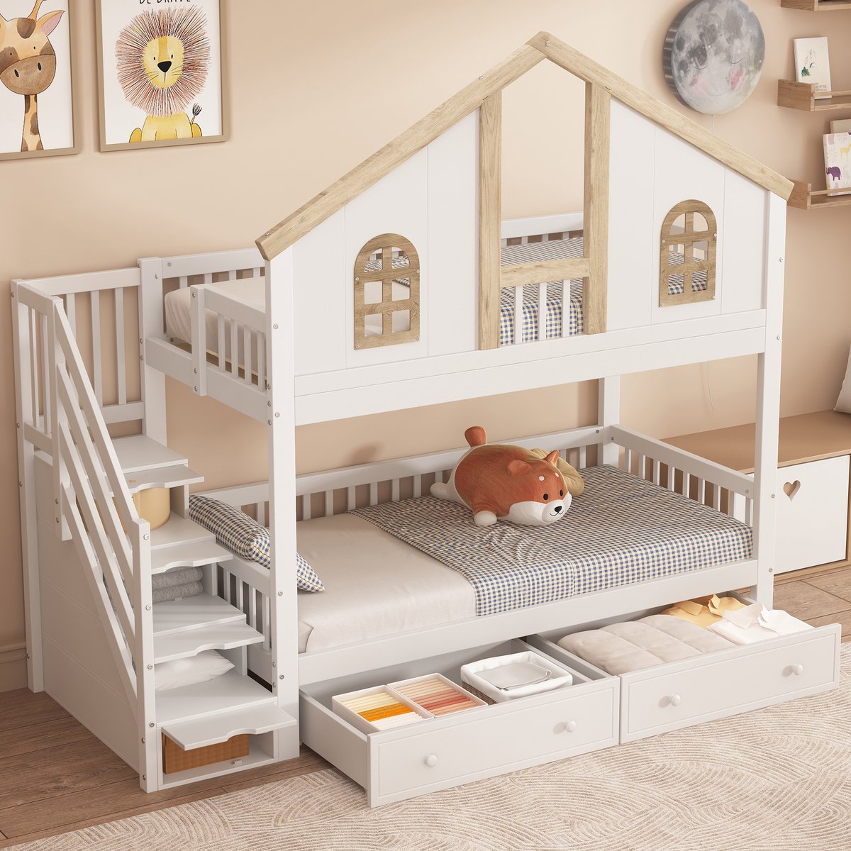 MIVRAY Stapelbed 90x200cm - Kinderbed Met Raam En Vierzijdige Uitvalbeveiliging - Met Lades En Opberglades Trap - Hout En MDF - Wit Naturel - Zonder matras
