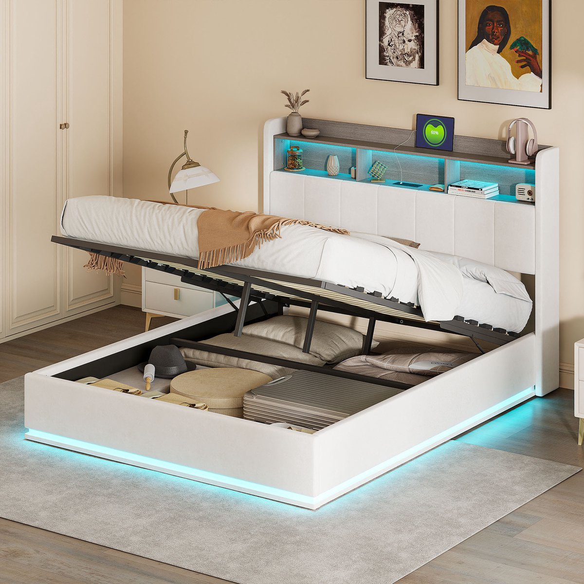 ROSAHQNDA Gestoffeerd tweepersoonsbed met led-verlichting en grote opbergruimte, 140x190 cm, hydraulisch bed met opbergbaar hoofdeinde, jeugdbed, appartementbed, fluweel, wit