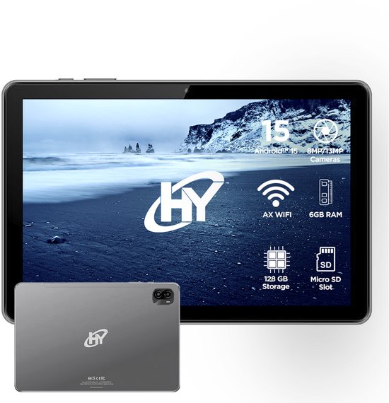 Hyundai Tablet HYTab Plus 10WB4 10.1 Inch - Android 15 - Inclusief Stylus Pen, Oordopjes en Screenprotector - Octa Core Allwinner A537 - HD IPS 1280x800 - 6GB RAM - 128GB Opslag - 13MP + 8MP Camera - WiFi 6 - 6000mAh - Space Grijs