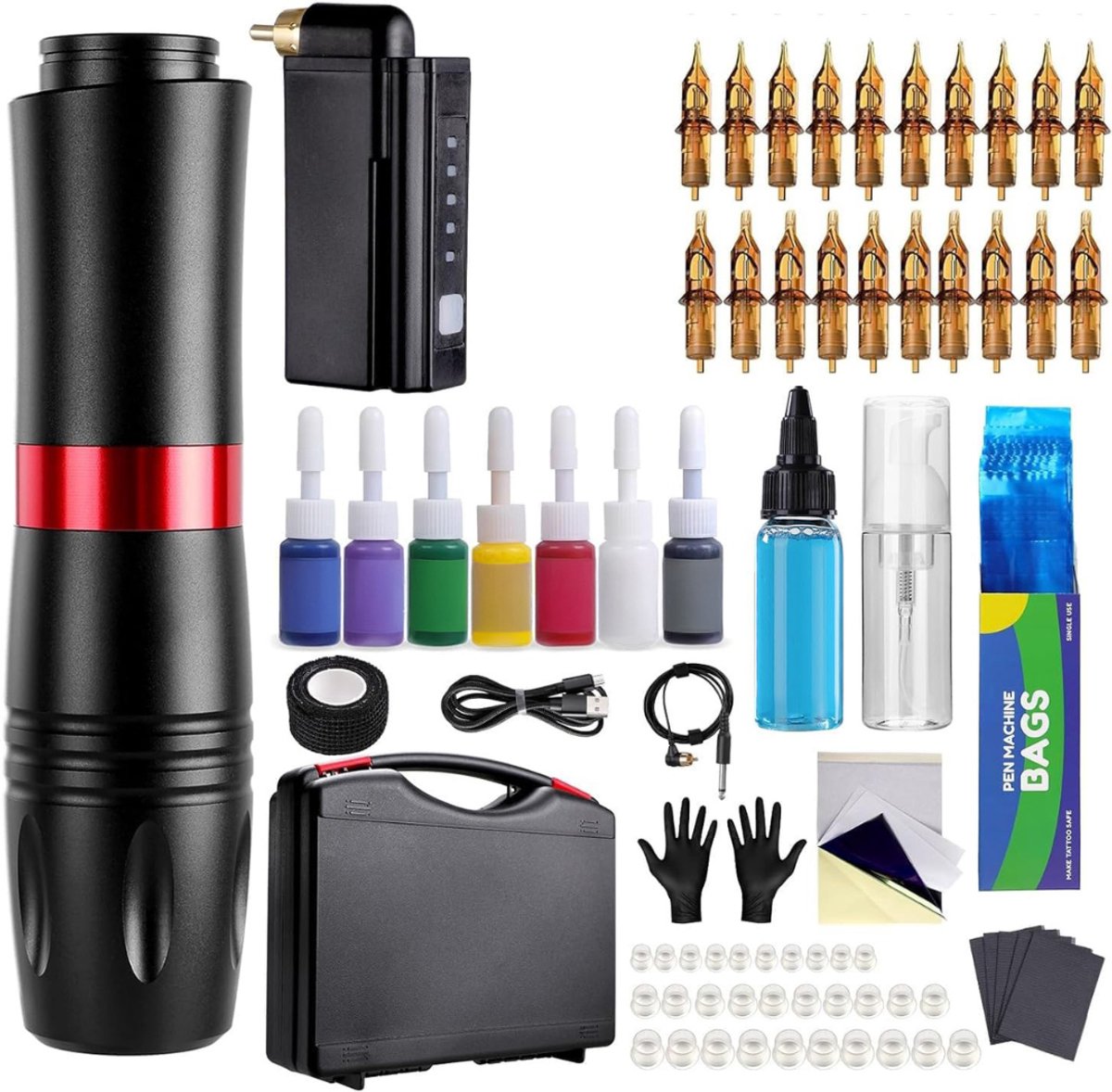 Tattoo Machine met Accessoires - Tattoo Machines Draadloos - Tattoo Set Inclusief Inkt en Naalden - Tattoo Kit -Zwart met rood
